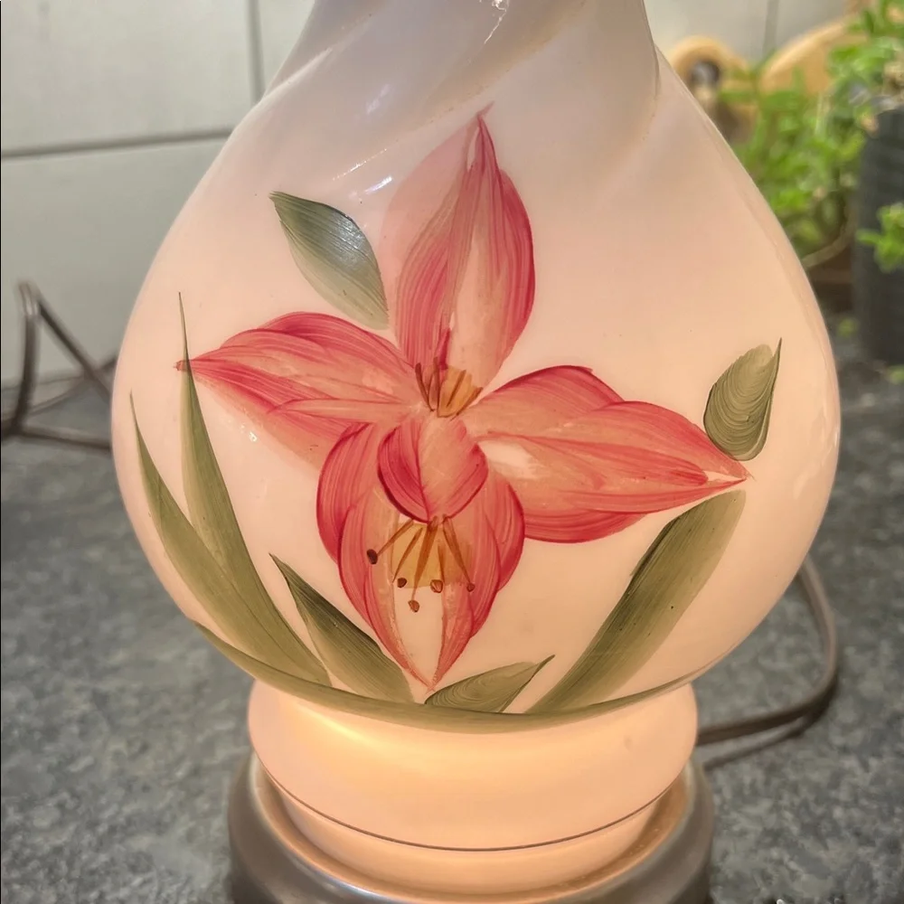 Mid Century Vintage painted Floral Glass Lamp with Pink and Green Accents.